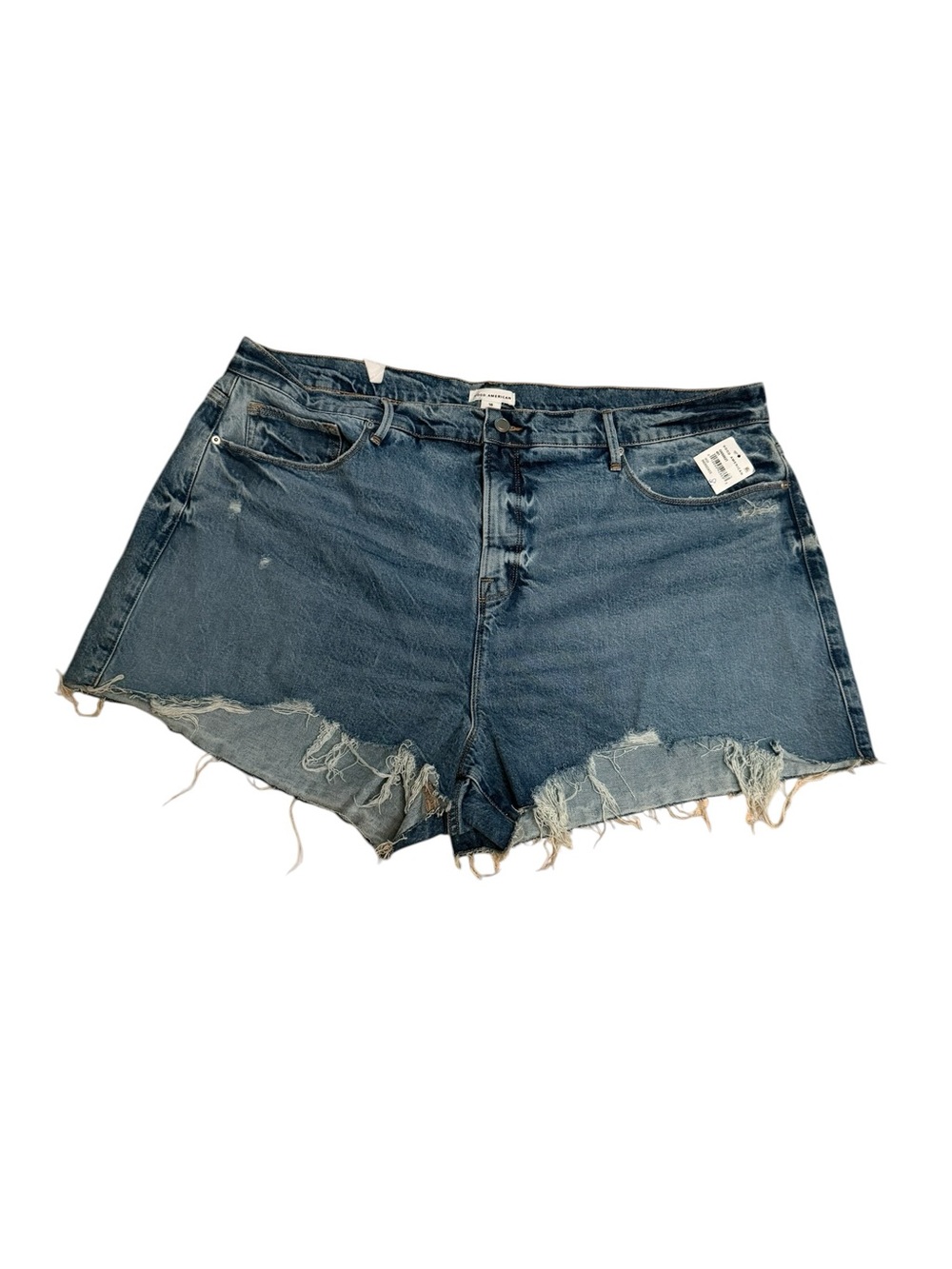 Good American Washed Blue Frayed Hem Denim Shorts Size 18 NWT